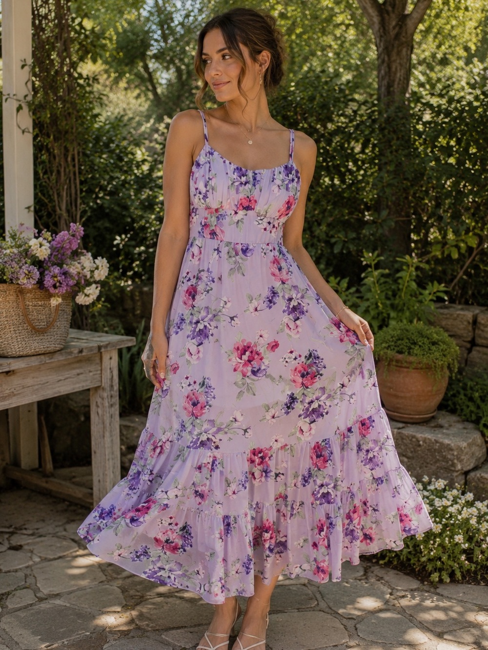 Floral Lilac Tiered Midi Dress Women XL Cottagecore Prairie Wedding Guest Flowy